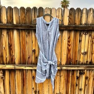 DREW Blue Striped Linen Tie Mini Dress